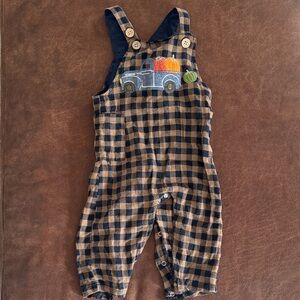 Mud Pie Navy and Tan Checkered Overalls with Truck Design